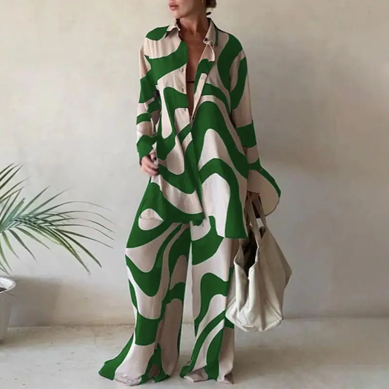 Printed Loose Suit Long Sleeve Straight Tube Jumpsuit — feature 4