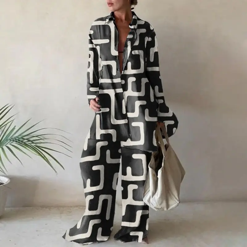 Printed Loose Suit Long Sleeve Straight Tube Jumpsuit