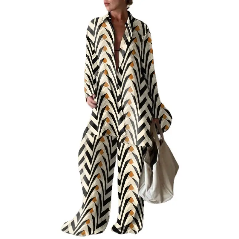 Printed Loose Suit Long Sleeve Straight Tube Jumpsuit