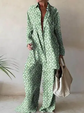 Printed Loose Suit Long Sleeve Straight Tube Jumpsuit