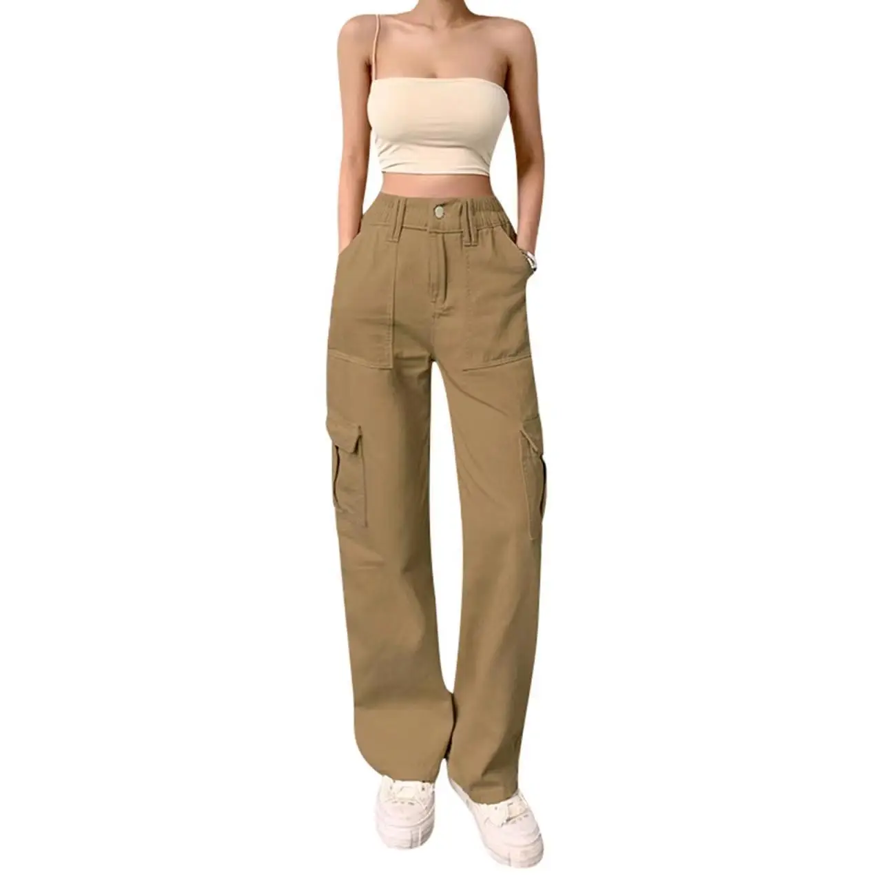 Women's Slim Fit Multi-Pocket Overalls Beige — feature 19
