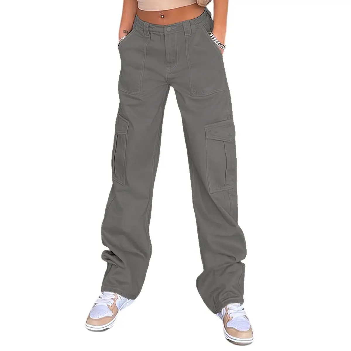 Women's Slim Fit Multi-Pocket Overalls Beige — feature 23