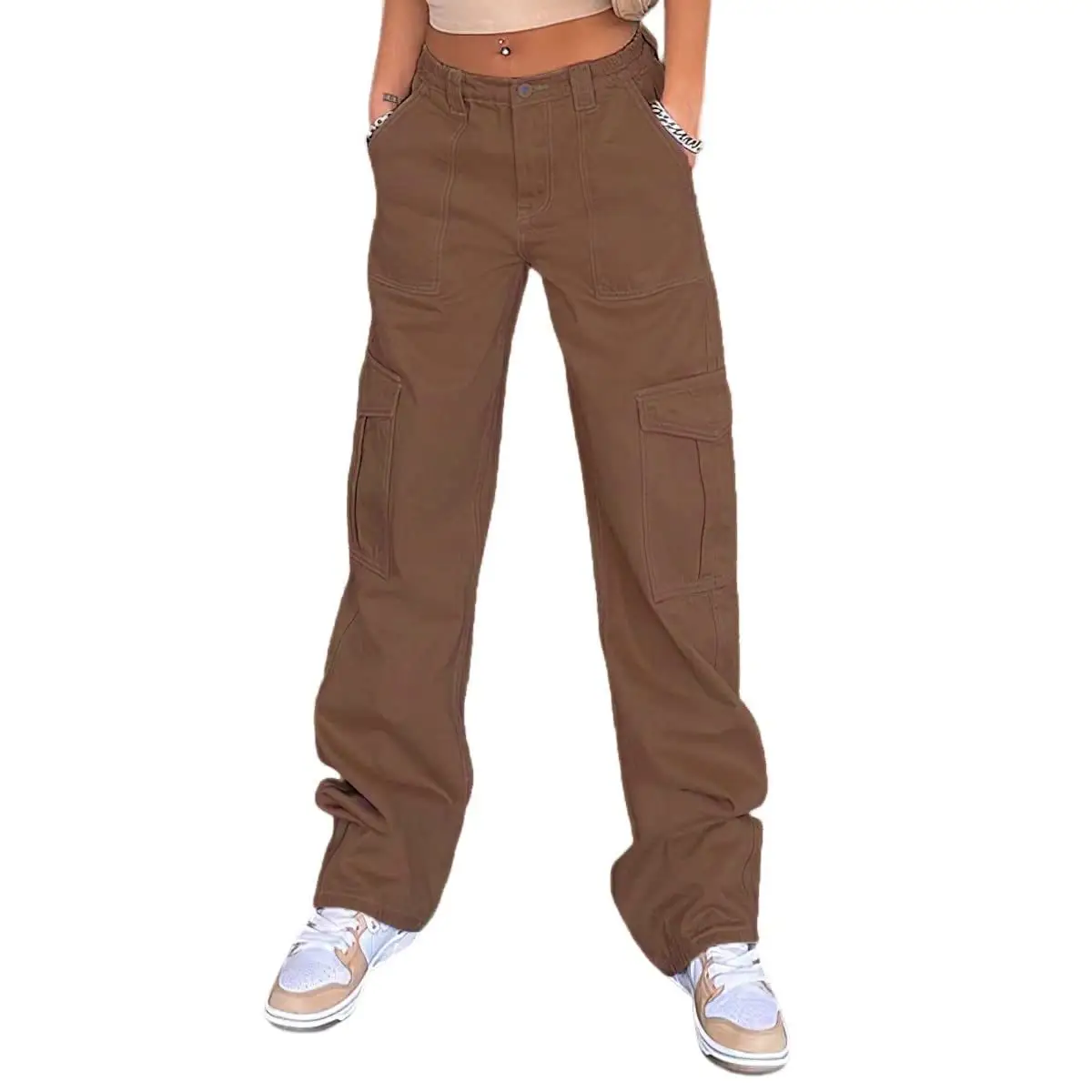 Women's Slim Fit Multi-Pocket Overalls Beige — feature 24