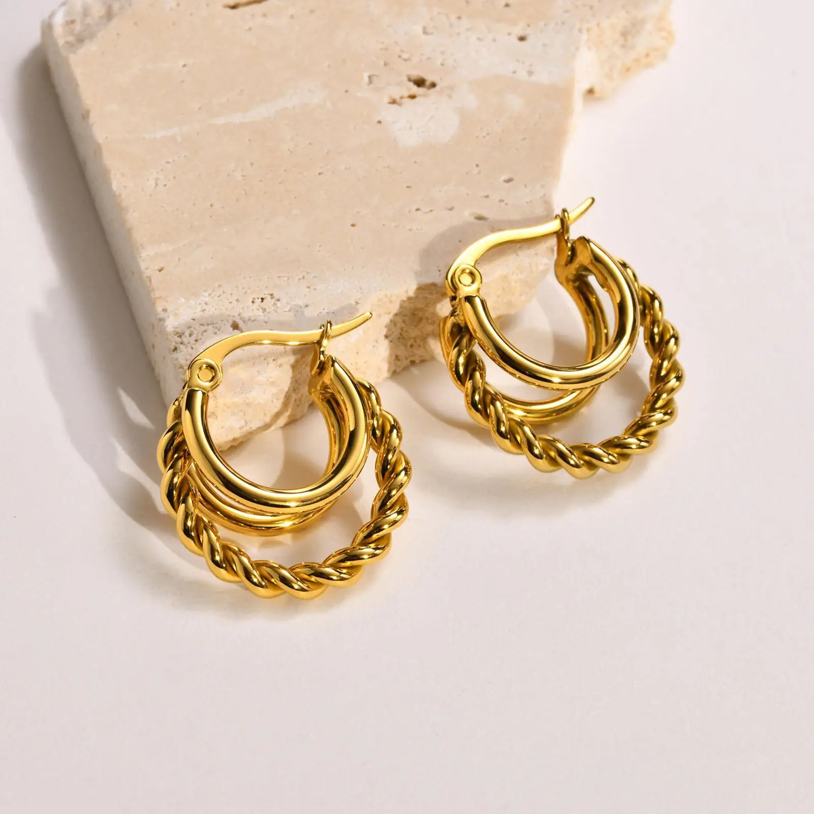 Gold Three-Ring Earrings for Women - Image 2