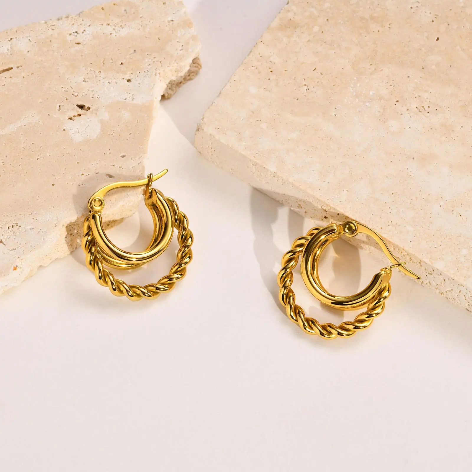 Gold Three-Ring Earrings for Women - Image 3
