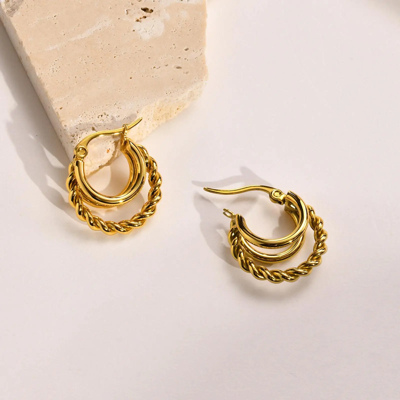 Gold Three-Ring Earrings for Women - Image 5