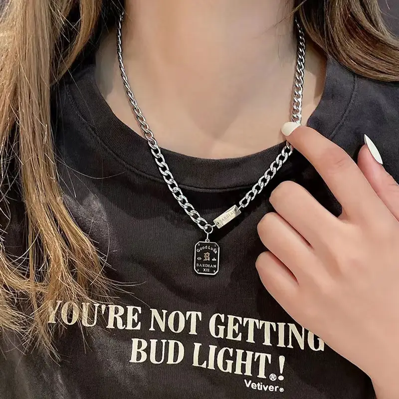 Trending Women's Black Square Brand Necklace with Titanium Chain