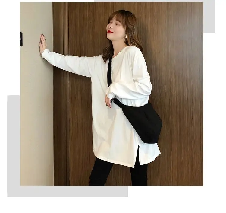 Women's White Long Sleeve T-Shirt Mid-Long Loose Fit
