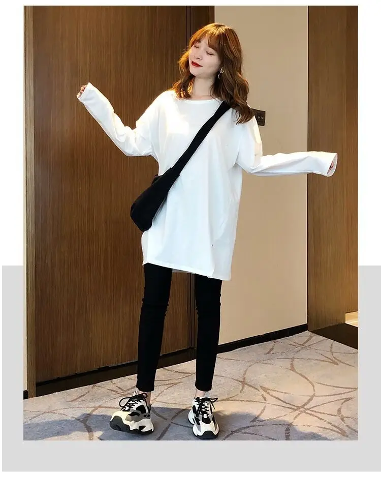 Women's White Long Sleeve T-Shirt Mid-Long Loose Fit