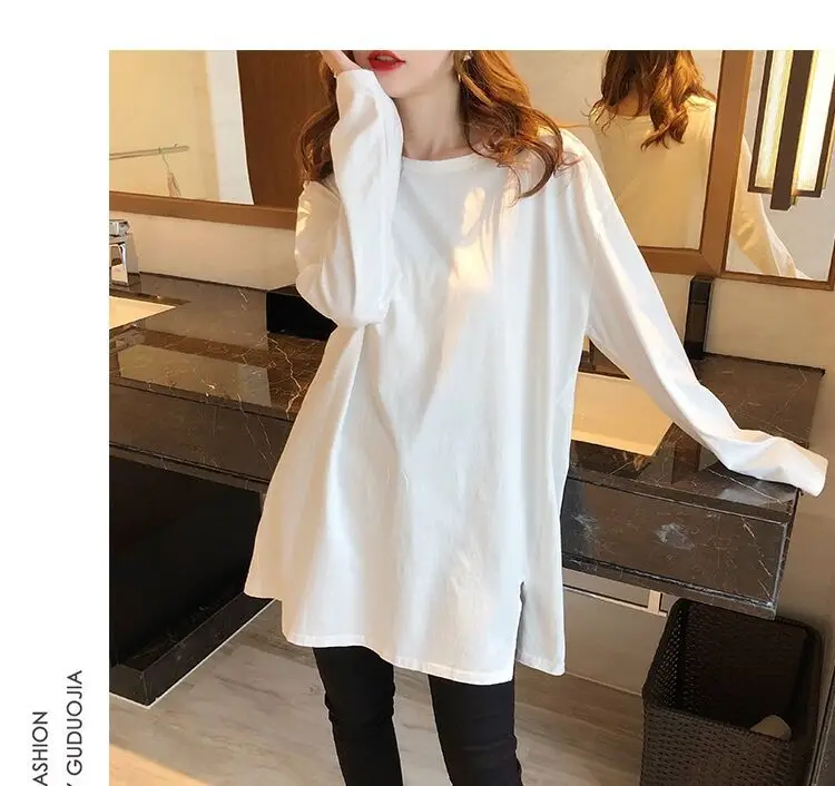 Women's White Long Sleeve T-Shirt Mid-Long Loose Fit