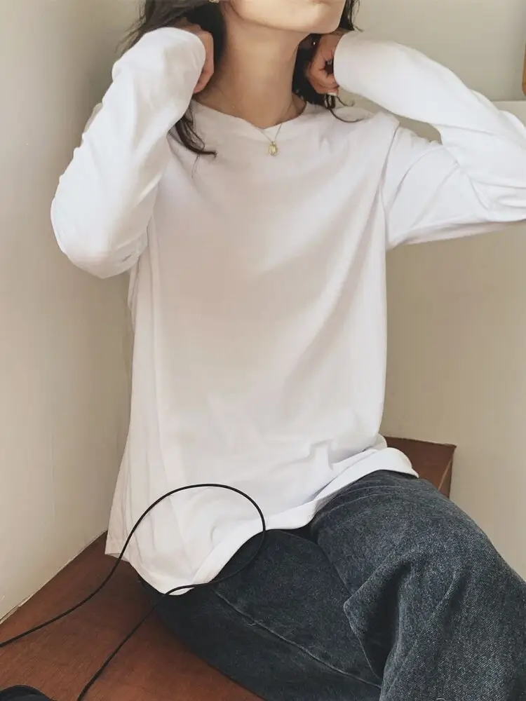 Women's White Long Sleeve T-Shirt Mid-Long Loose Fit