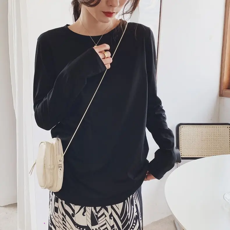 Women's White Long Sleeve T-Shirt Mid-Long Loose Fit