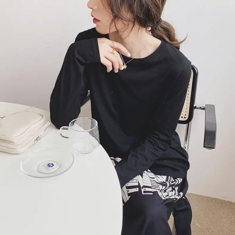 Women's White Long Sleeve T-Shirt Mid-Long Loose Fit