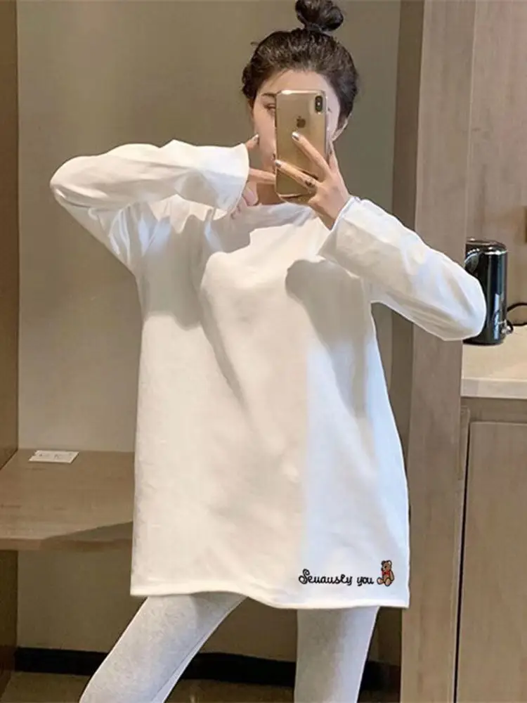 Women's White Long Sleeve T-Shirt Mid-Long Loose Fit