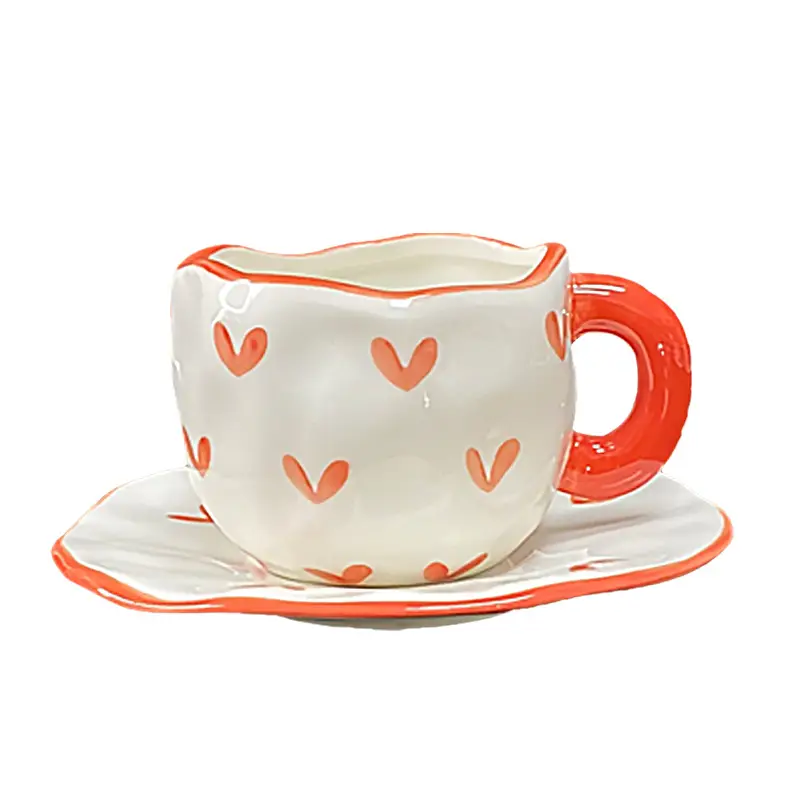 Hand pinch red heart cup and saucer 300ml