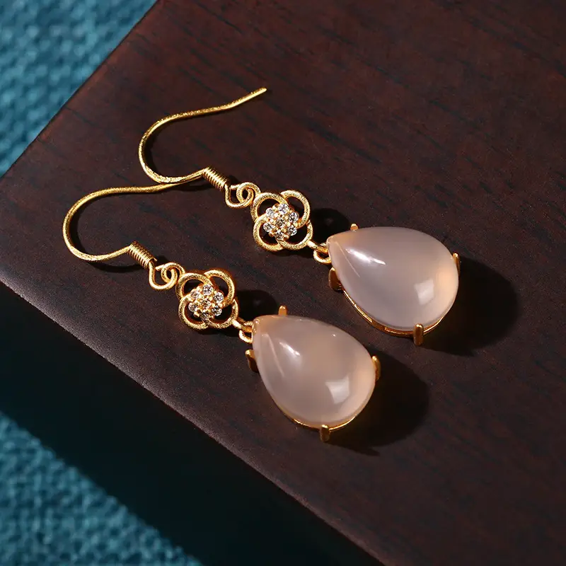 Natural Chalcedony Drop Earrings Ancient Gold Plated 39mm