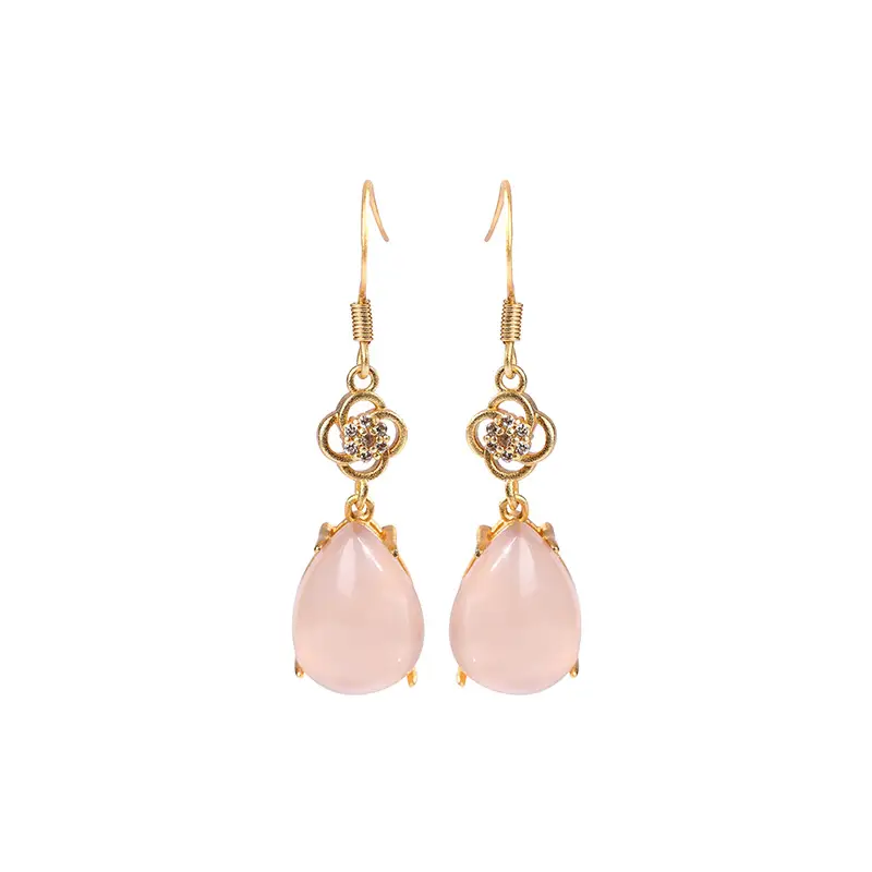 Natural Chalcedony Drop Earrings Ancient Gold Plated 39mm