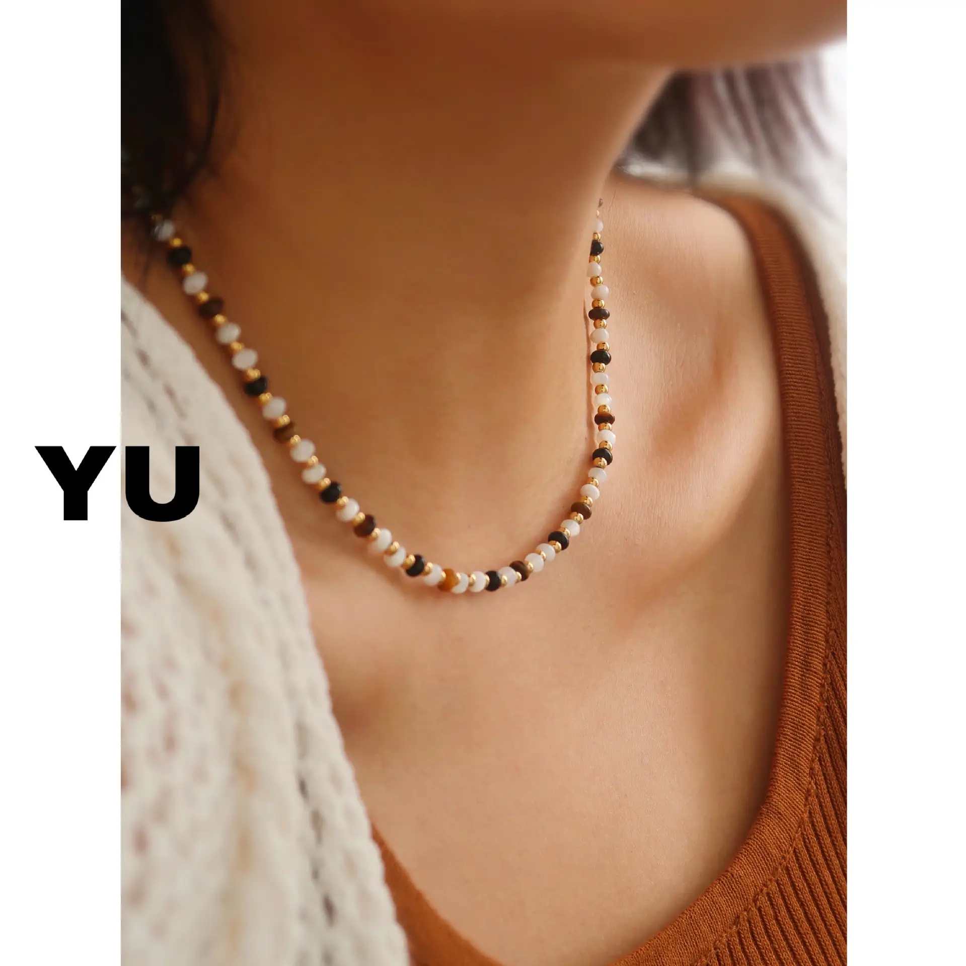 Yu Natural Stone Crystal Beaded Necklace Bracelet Titanium Steel Black White - Image 4