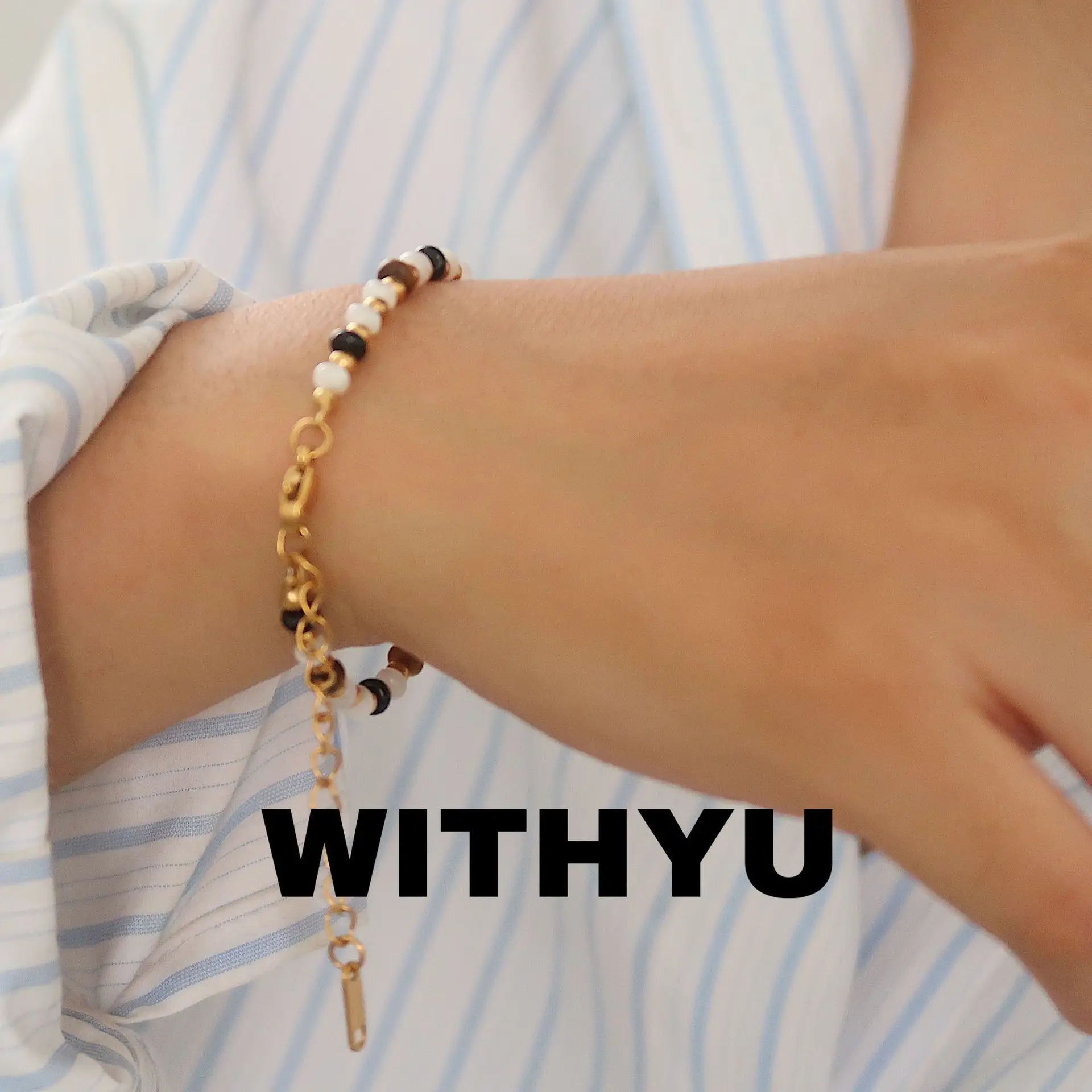 Yu Natural Stone Crystal Beaded Necklace Bracelet Titanium Steel Black White - Image 5