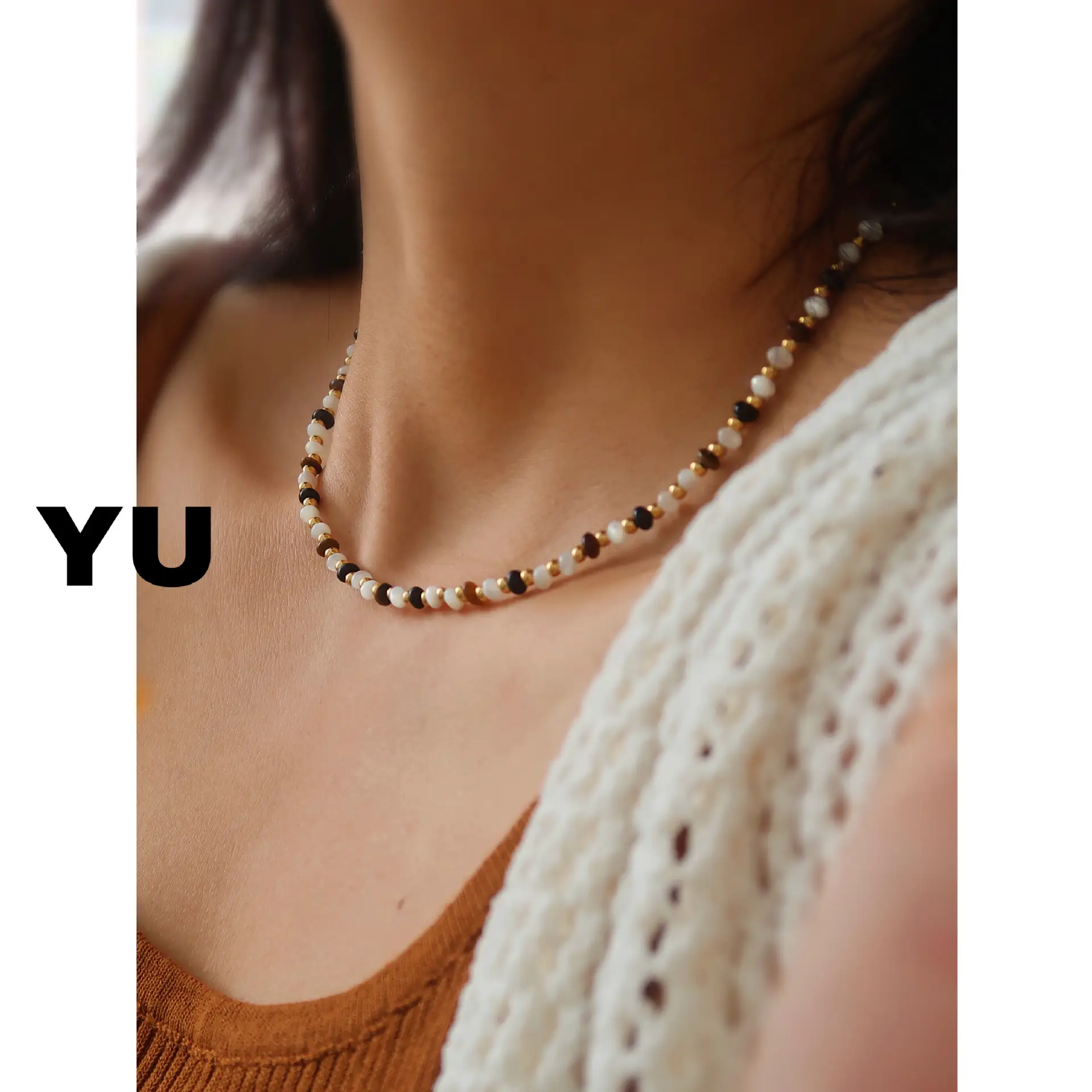 Yu Natural Stone Crystal Beaded Necklace Bracelet Titanium Steel Black White - Image 7