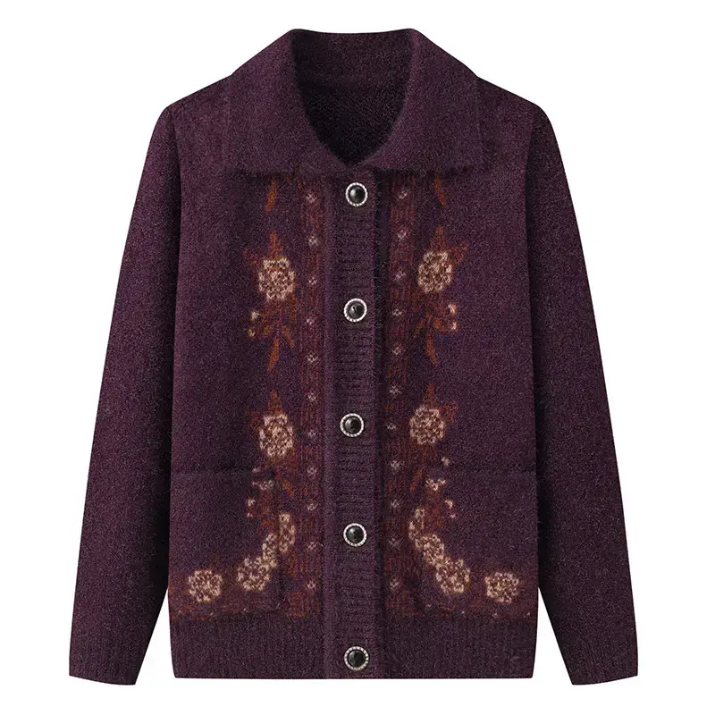 Red Knitted Lapel Cardigan for Elderly Women - Image 14