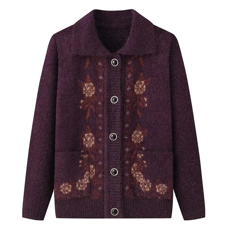Red Knitted Lapel Cardigan for Elderly Women - Image 15