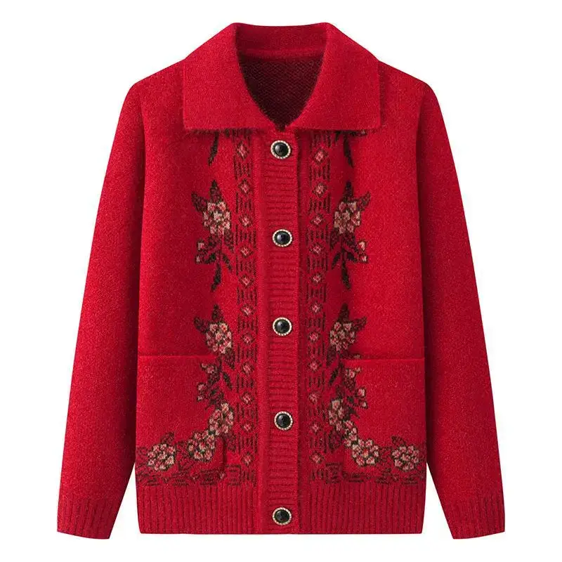Red Knitted Lapel Cardigan for Elderly Women - Image 16