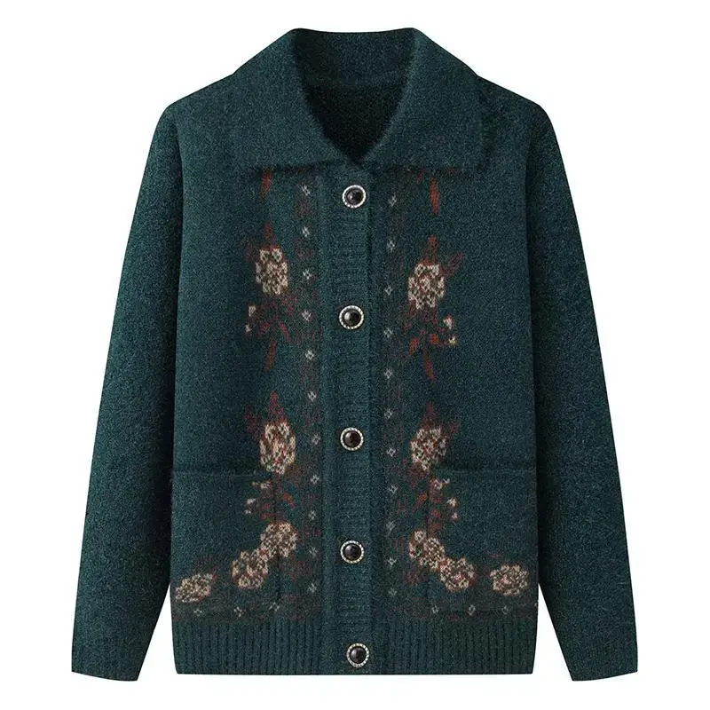 Red Knitted Lapel Cardigan for Elderly Women - Image 17
