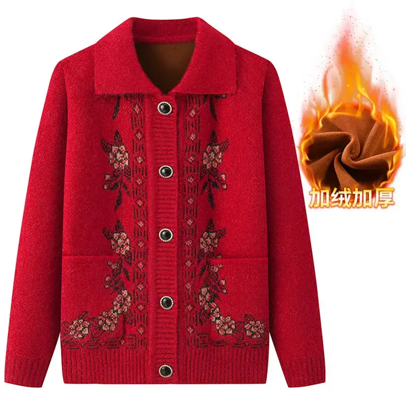 Red Knitted Lapel Cardigan for Elderly Women - Image 10