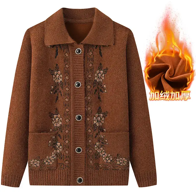 Red Knitted Lapel Cardigan for Elderly Women - Image 11