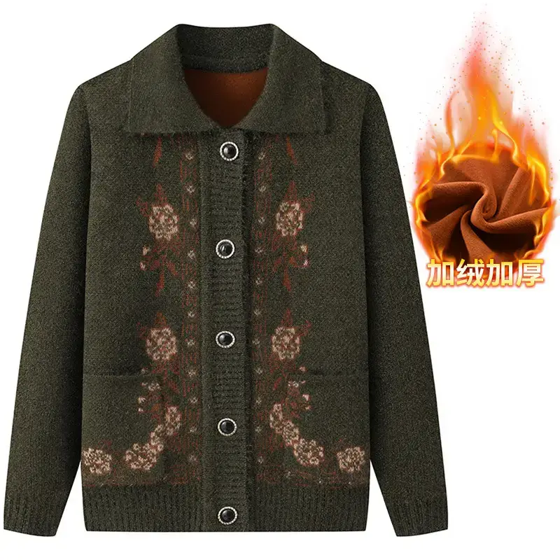 Red Knitted Lapel Cardigan for Elderly Women - Image 12