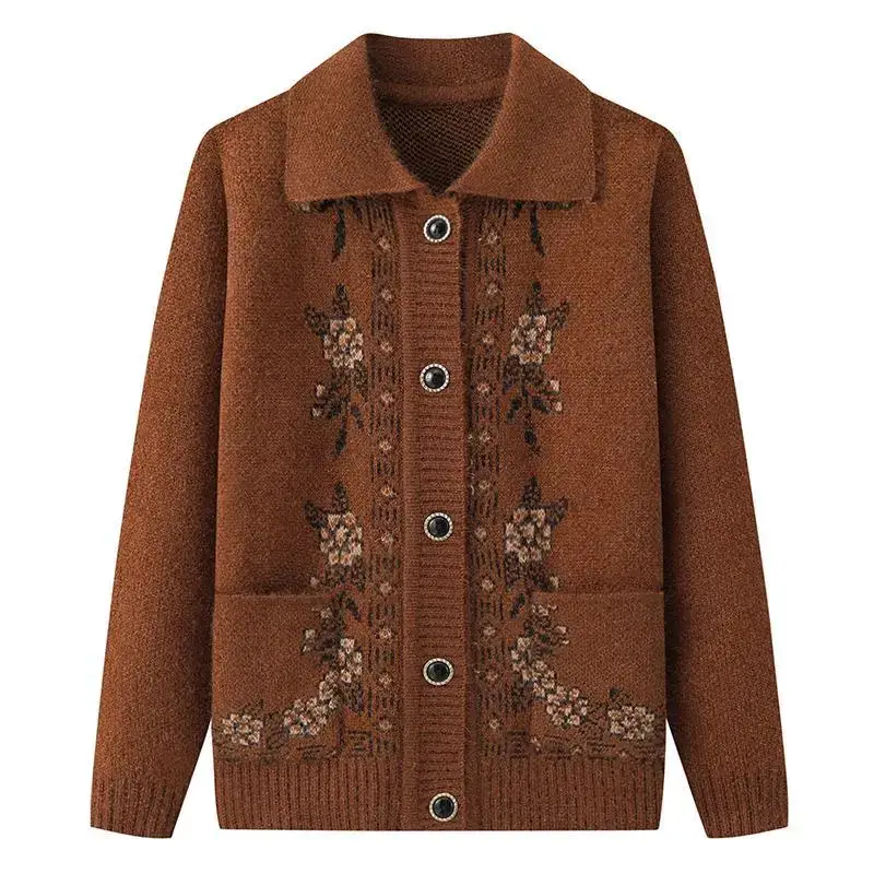 Red Knitted Lapel Cardigan for Elderly Women - Image 5