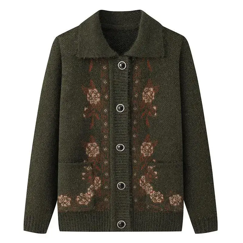 Red Knitted Lapel Cardigan for Elderly Women - Image 6
