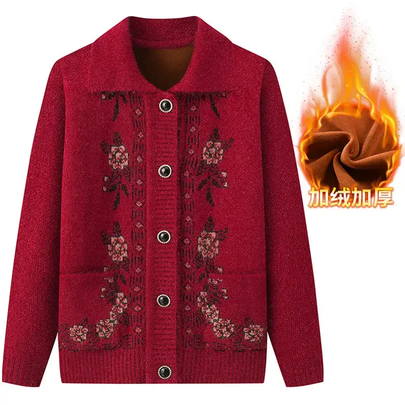 Red Knitted Lapel Cardigan for Elderly Women - Image 7