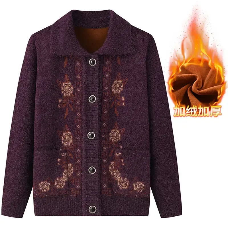 Red Knitted Lapel Cardigan for Elderly Women - Image 8