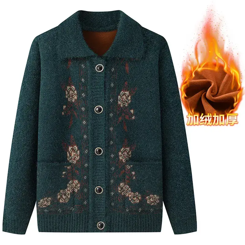 Red Knitted Lapel Cardigan for Elderly Women - Image 9