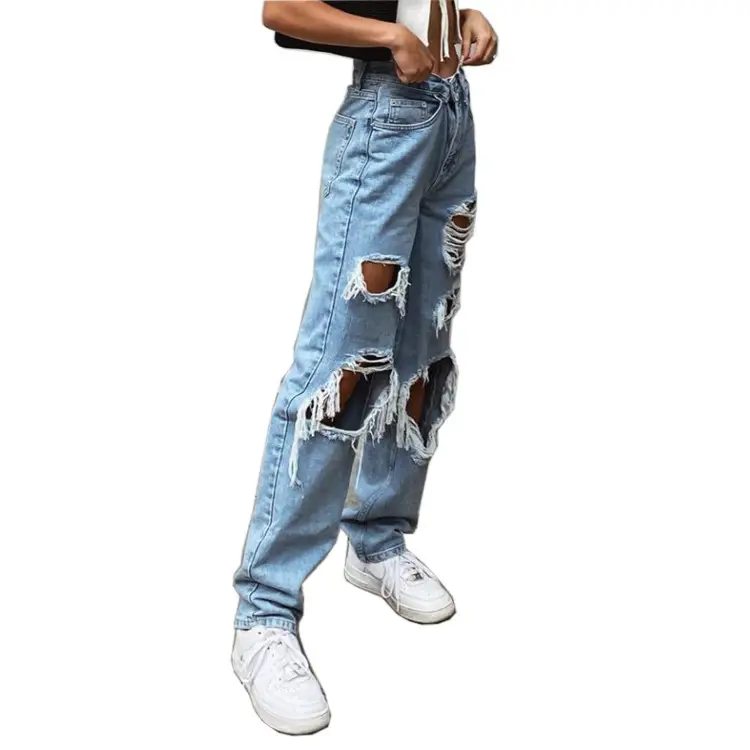 Ripped Denim Jeans for Women Straight Leg Loose Fit