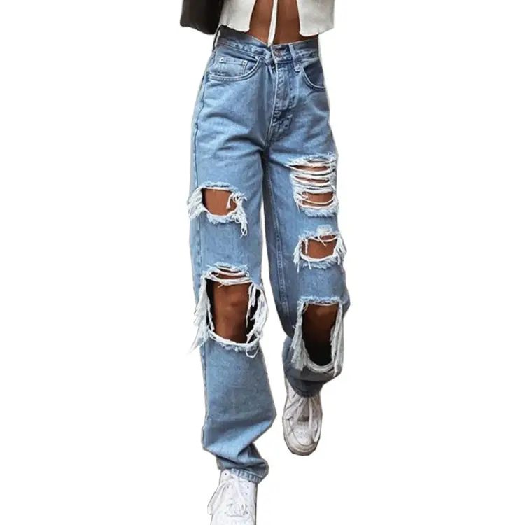 Ripped Denim Jeans for Women Straight Leg Loose Fit