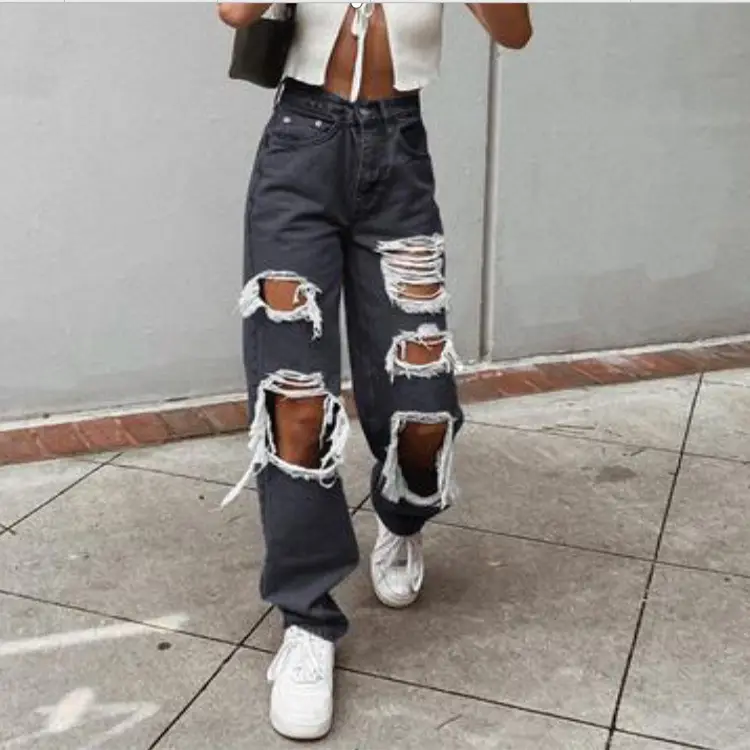 Ripped Denim Jeans for Women Straight Leg Loose Fit
