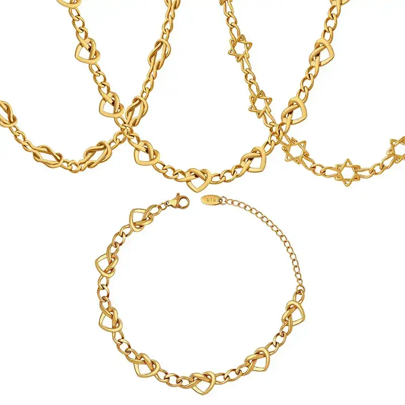 Gold Chain Necklace Set with Heart & Knot Design
