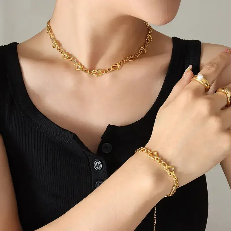 Gold Chain Necklace Set with Heart & Knot Design