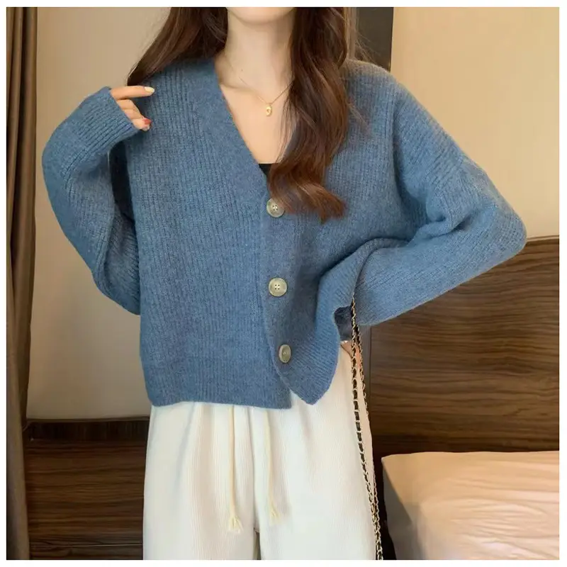 Women Blue Knitted V-Neck Cardigan 2025 - Image 2