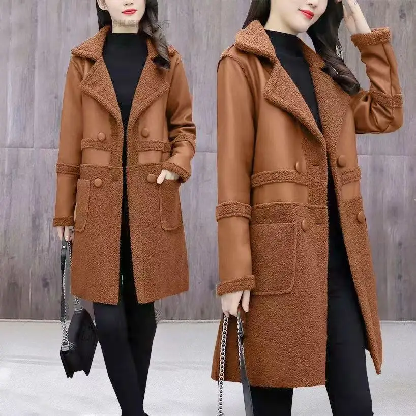 Women's Windbreaker Jacket Brown Fleece Double-Sided Mid-Length — feature 6
