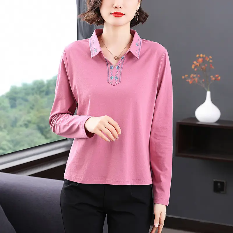 Women's Pink Polo Collar Long Sleeve Top Autumn 2022 - Image 2