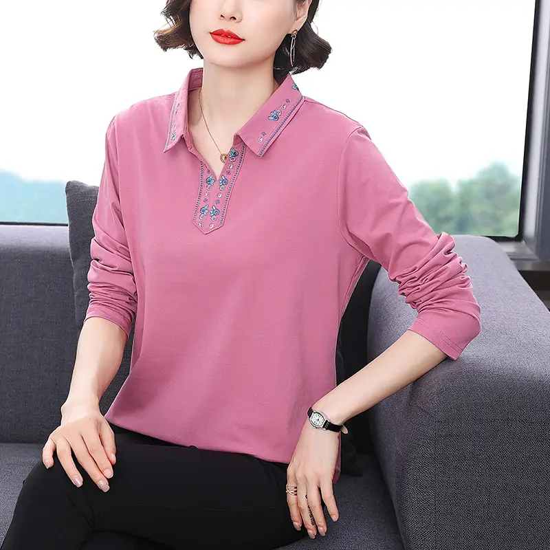 Women's Pink Polo Collar Long Sleeve Top Autumn 2022 - Image 4
