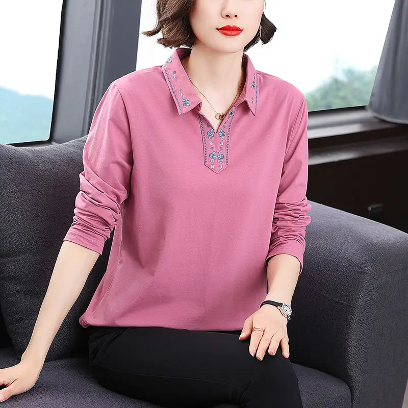 Women's Pink Polo Collar Long Sleeve Top Autumn 2022 - Image 5