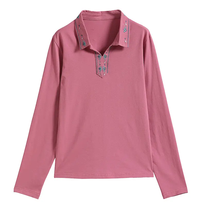 Women's Pink Polo Collar Long Sleeve Top Autumn 2022 - Image 6
