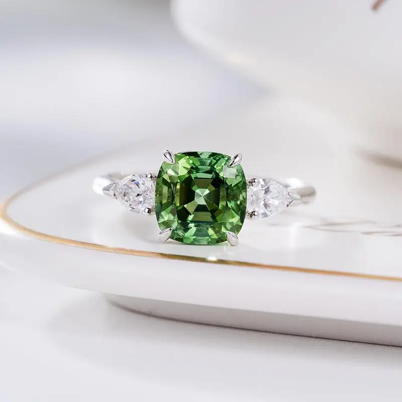 Elegant Green Tourmaline Square Diamond Ring with Diamonds - Image 2