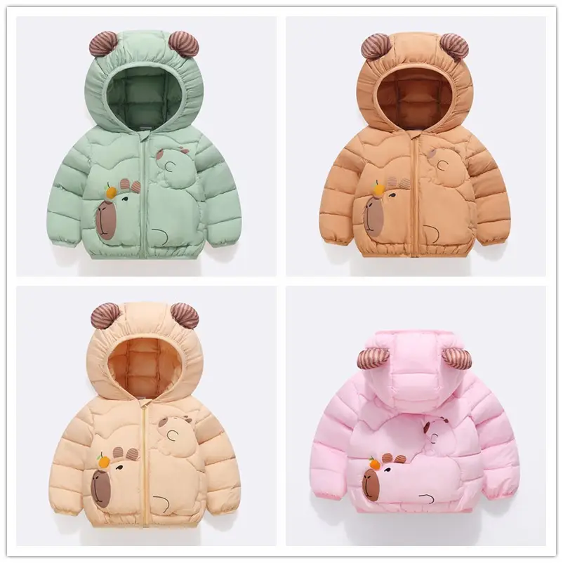 Kids Cute Bear Hooded Puffer Jacket Beige - Image 11