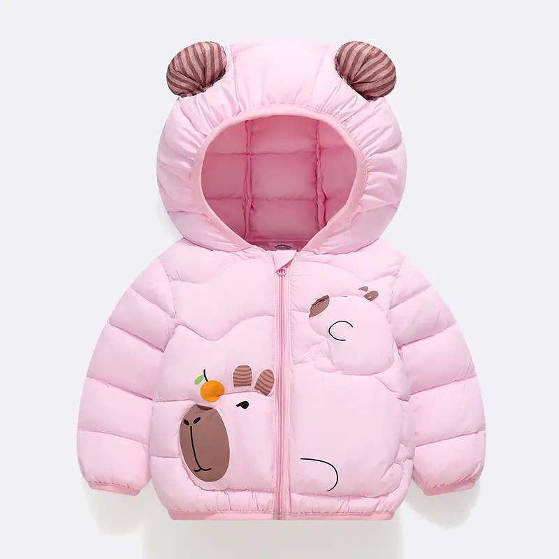Kids Cute Bear Hooded Puffer Jacket Beige - Image 9
